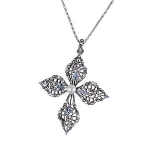 Ornate Clear Blue Rhinestone Faux Pearl Silver Tone Cross Pendant Necklace